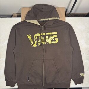 Vtg VANS Zip Up Hoodie Fleece Sweater Spellout Off The Wall Y2K Brown Mens Large